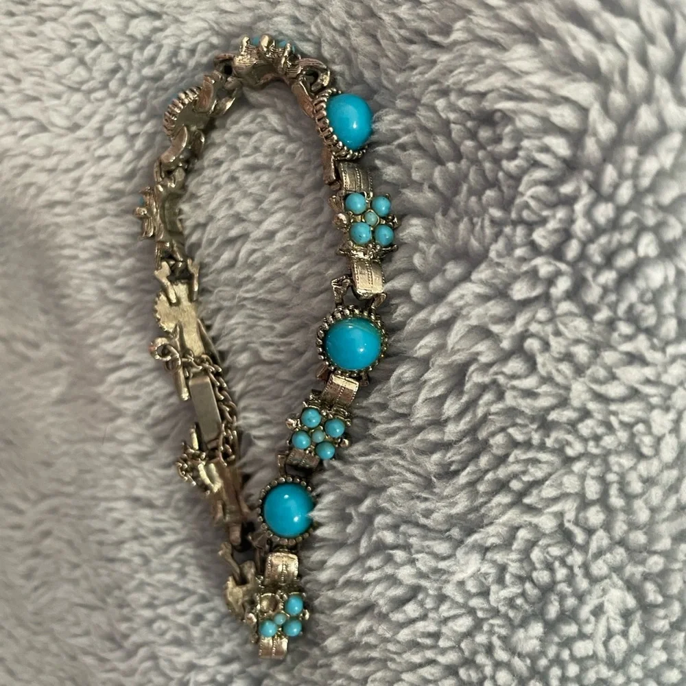 Vintage Mid-Century Silvertone Turquoise Floral Link Bracelet with Safety Chain